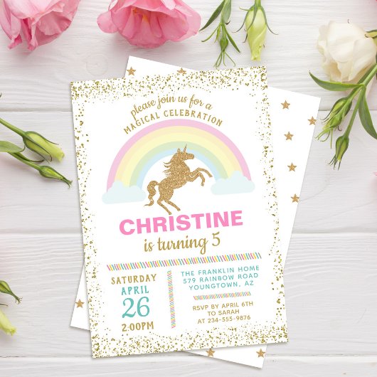 Gold Glitzer Unicorn Rainbow - Einladung zum Gebur