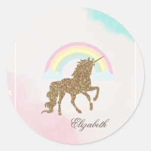 Gold Glitzer Unicorn, Regenbogen Runder Aufkleber