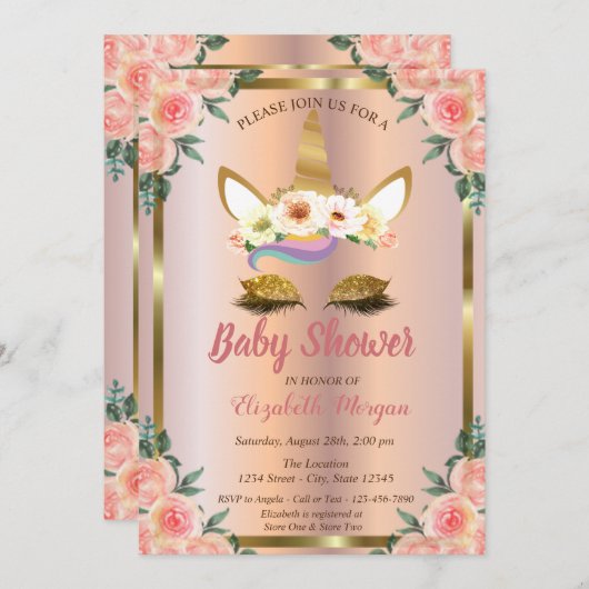 Gold Glitzer Unicorn Rose Crown Baby Dusche Einladung (Vorne/Hinten)