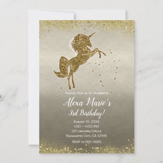 Gold Glitzer Unicorn Stars Glam Birthday Party Einladung (Vorderseite)