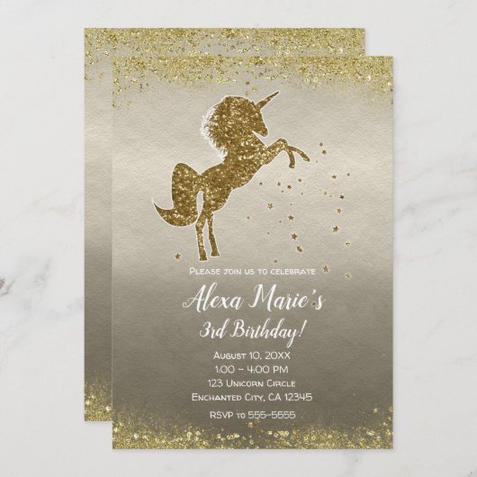 Gold Glitzer Unicorn Stars Glam Birthday Party Einladung (Vorne/Hinten)