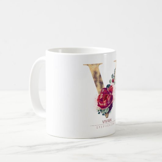 Gold Glitzer V Monogram Floral Burgundy Red Kaffeetasse (Vorderseite Links)