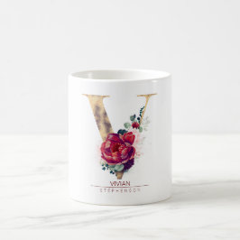 Gold Glitzer V Monogram Floral Burgundy Red Kaffeetasse