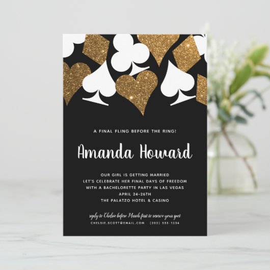 Gold Glitzer Vegas Thema Junggeselinnen-Abschied E Einladung (Stehend Vorderseite)
