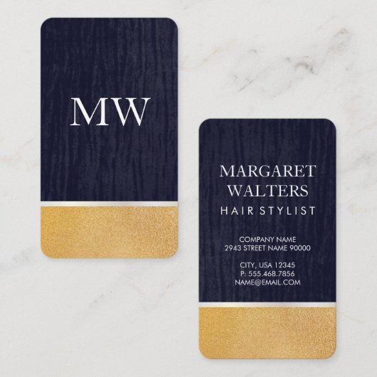 Gold Glitzer/Velvet Blau mit Monogramm Visitenkarte (Vorne/Hinten)