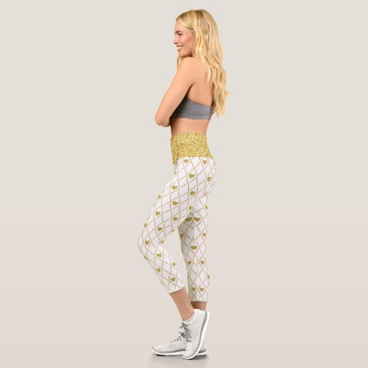 Gold Glitzer Waist Band Gold Hearts Capri Leggings (Links)