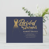 Gold Glitzer Wedding Dress Navy Blue Brautparty Einladung (Stehend Vorderseite)