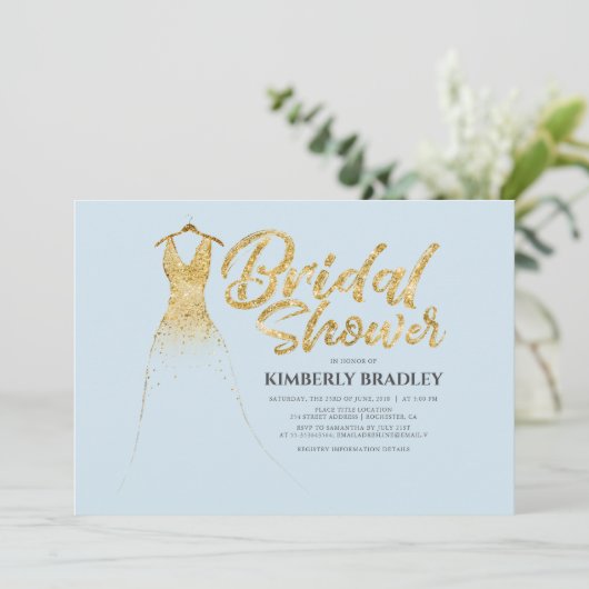 Gold Glitzer Wedding Gown Dusty Blue Brautparty Einladung (Stehend Vorderseite)