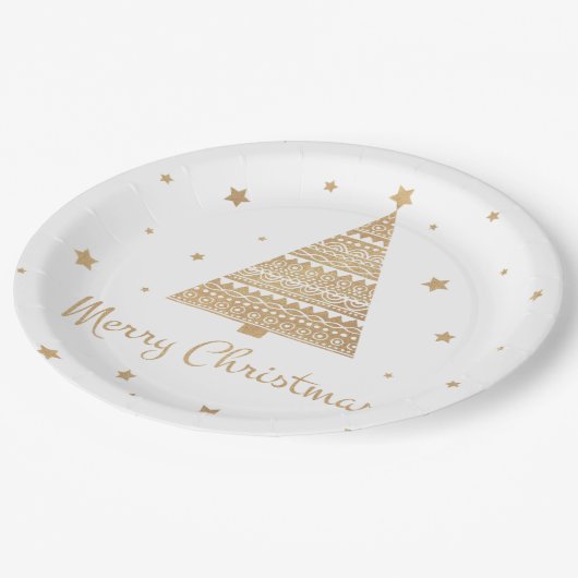 Gold Glitzer Weihnachten Tree Star Frohe Weihnacht Pappteller (Schrägansicht)
