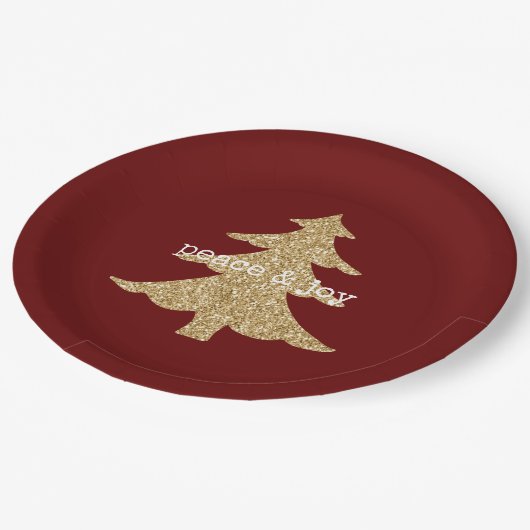 Gold Glitzer Weihnachtsbaum Roter Friede Pappteller (Schrägansicht)