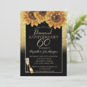 Gold Glitzer, Wein, Glas, Sonnenblumen Jubiläum Einladung (Stehend Vorderseite)