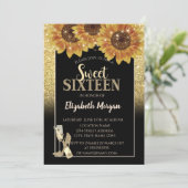 Gold Glitzer, Wein, Glas, Sonnenblumen Süß 16 Part Einladung (Stehend Vorderseite)