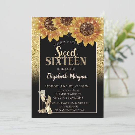 Gold Glitzer, Wein, Glas, Sonnenblumen Süß 16 Part Einladung (Stehend Vorderseite)