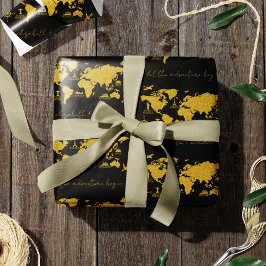 Gold Glitzer Weltkarte für die Hochzeit von Black  Geschenkpapier