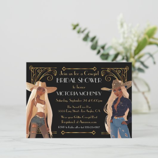 Gold Glitzer Western Cowgirl Brautparty Einladung (Stehend Vorderseite)