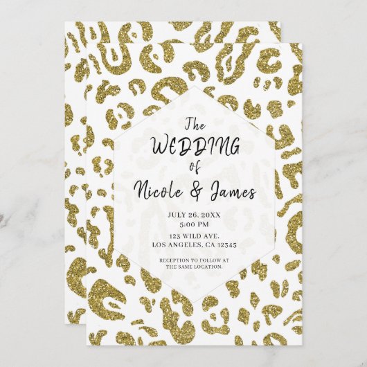 Gold Glitzer White Cheetah Leopard Chic Wedding Einladung (Vorne/Hinten)
