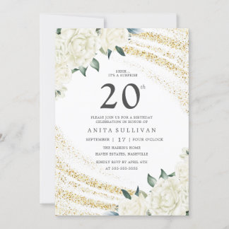 Gold Glitzer White Floral 22. Geburtstag Einladung