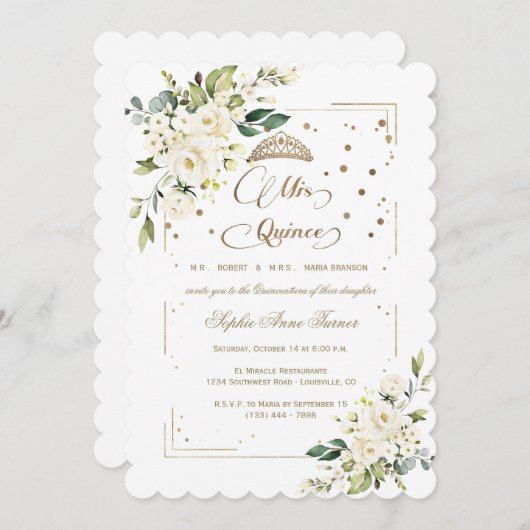 Gold Glitzer White Floral Mis Quince Quinceañera Einladung (Vorne/Hinten)
