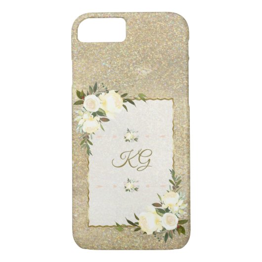 Gold Glitzer White Floral Monogram Case-Mate iPhone Hülle (Rückseite)
