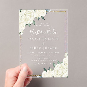 Gold Glitzer White Floral Nuestra Boda Wedding Acryleinladungen