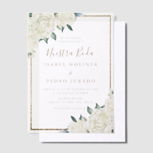 Gold Glitzer White Floral Nuestra Boda Wedding Pergament Einladungen