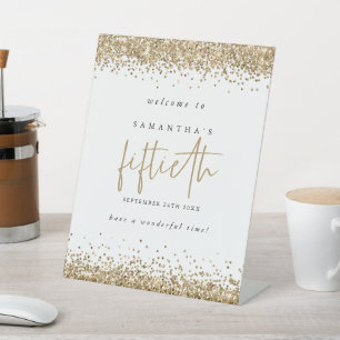 Gold Glitzer Willkommen Fünfzigste Geburtstagspart Sockelschild
