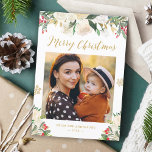 Gold Glitzer Winter Floral Frohe Weihnachten Foto<br><div class="desc">Senden Sie Ihre Grüße der Saison mit dieser "Gold Glitzer Winter Floral Frohe Weihnachts Foto Holiday Card". Für weitere Anpassungen klicken Sie bitte auf den Link "Weitere Anpassung" und verwenden Sie unser Design-Tool,  um diese Vorlage zu ändern.</div>