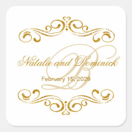 Gold Glitzer Wirbel Wedding Monogram Logo Quadratischer Aufkleber