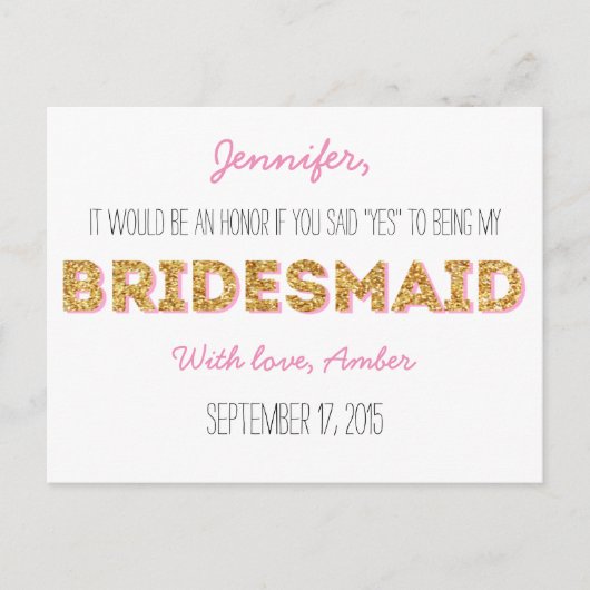 Gold Glitzer wird meine Bridesmaid Postkarte sein (Vorderseite)
