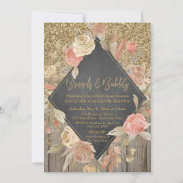 Gold Glitzer Wood Floral Chalkboard Brunch Bubbly Einladung