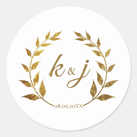 Gold Glitzer Wreath Monogram Wedding Save the Date Runder Aufkleber (Vorderseite)
