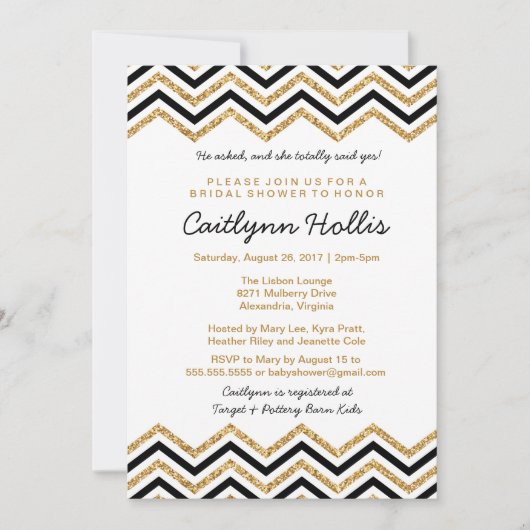 Gold Glitzer Zickzack | Baby, Bridal oder Geburtst Einladung (Vorderseite)