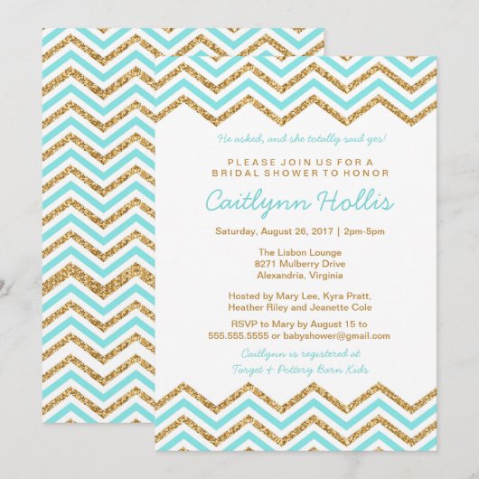 Gold Glitzer Zickzack | Baby, Bridal oder Geburtst Einladung (Vorne/Hinten)