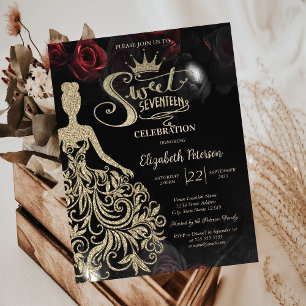 Gold Glitzerkleid, Tiara, Rosen Sweet 17 Einladung