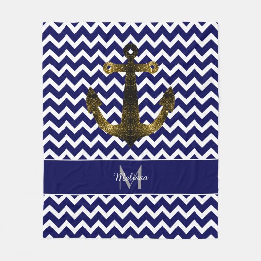 Gold Glitzern Anchor Navy Blue Zickzack Monogram Fleecedecke (Vorderseite)
