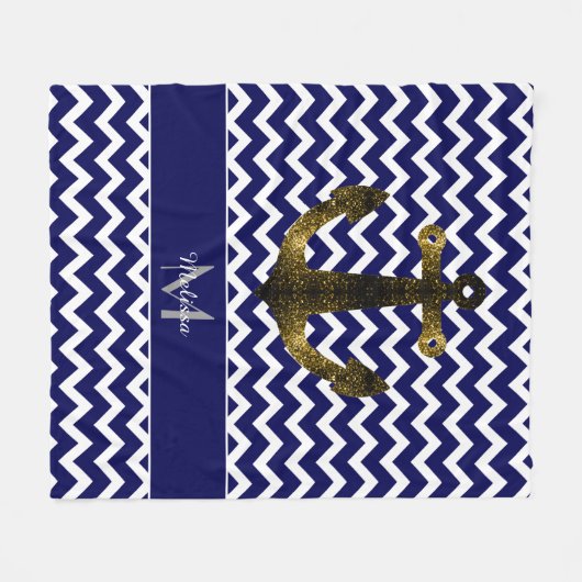Gold Glitzern Anchor Navy Blue Zickzack Monogram Fleecedecke (Vorderseite (Horizontal))