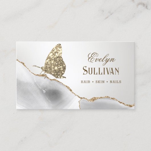 Gold Glitzern Butterfly White Agate Business Card Visitenkarte (Vorderseite)