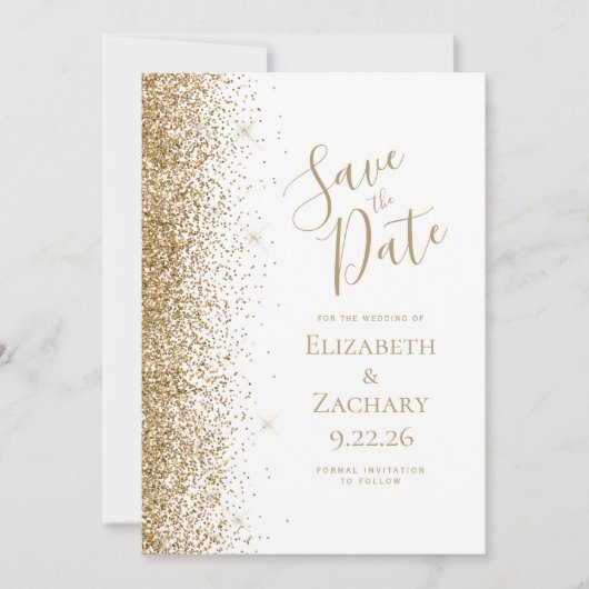Gold Glitzern Edge White Save the Date Ankündigung (Vorderseite)