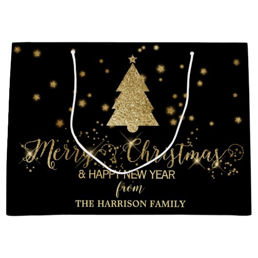 Gold Glitzern Frohe Weihnachtsbaum Black Große Geschenktüte (Vorderseite)