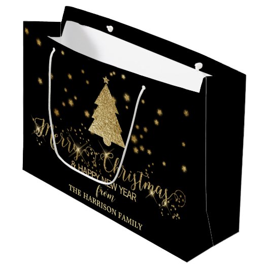 Gold Glitzern Frohe Weihnachtsbaum Black Große Geschenktüte (Vorderseite Schrägansicht)