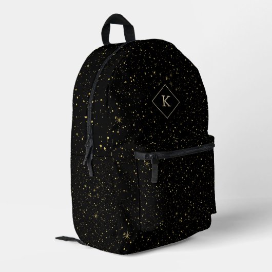 Gold Glitzern Monogram für Luxus Black Background Bedruckter Rucksack (Rückseitige Ecke links)