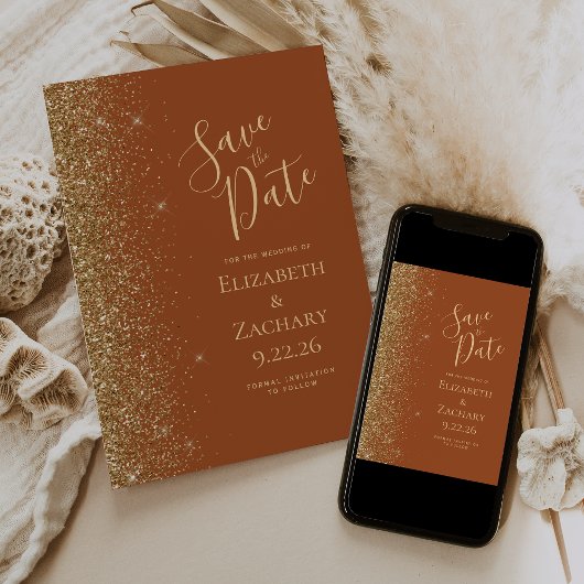 Gold Glitzern Terracotta Save the Date Ankündigung