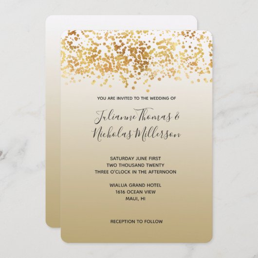 Gold Glitzy Confetti Ombre Wedding Einladung (Vorne/Hinten)