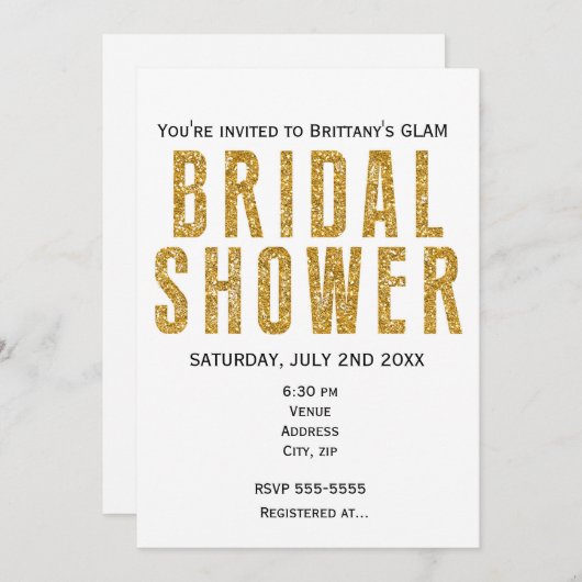 Gold Glitzy Glitzer Brautparty Glam Einladung (Vorne/Hinten)