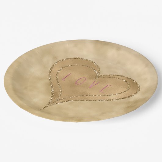Gold Glitzy Glitzer Liebe Herz Pappteller (Schrägansicht)