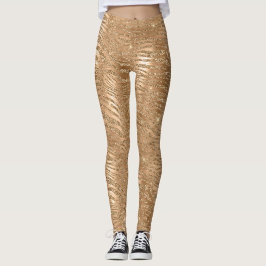 Gold Glitzy Glitzer Sparkle Zebra Print Leggings (Vorderseite)