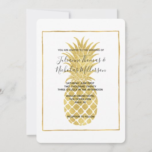 Gold Glitzy Pineaple Wedding Invites Einladung (Vorderseite)