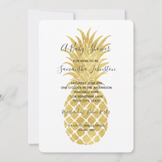 Gold Glitzy Pineapples Baby Dusche Einladung (Rückseite)