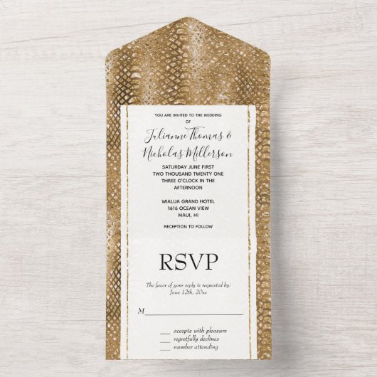 Gold Glitzy Snake Skin Animal Glam All In One Einladung (Innen Boden)