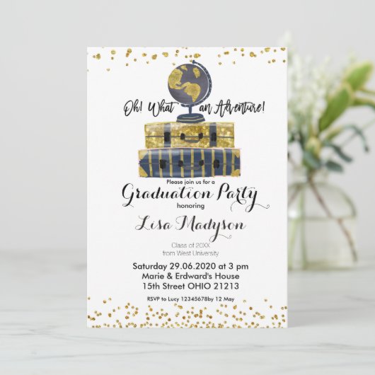 Gold Globe Adventure Graduation Party Einladung Ka (Stehend Vorderseite)
